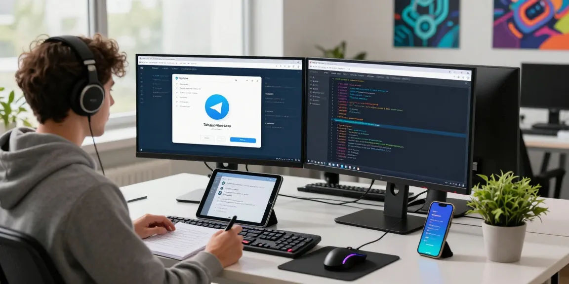 Using Telegram Web Version in a dynamic tech workspace with screens displaying chat interface and coding applications.