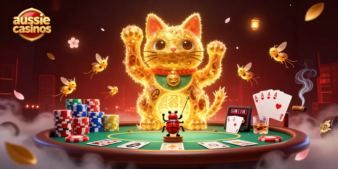 Aussie casinos showcase vibrant golden fireflies embodying luck, thrilling poker elements, and engaging visuals.