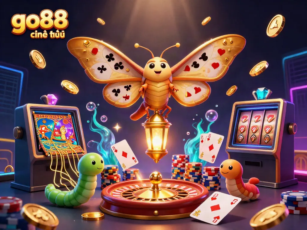 Win big with go88 chính thức as a vibrant atlas moth graces a golden lantern surrounded by casino treasures.