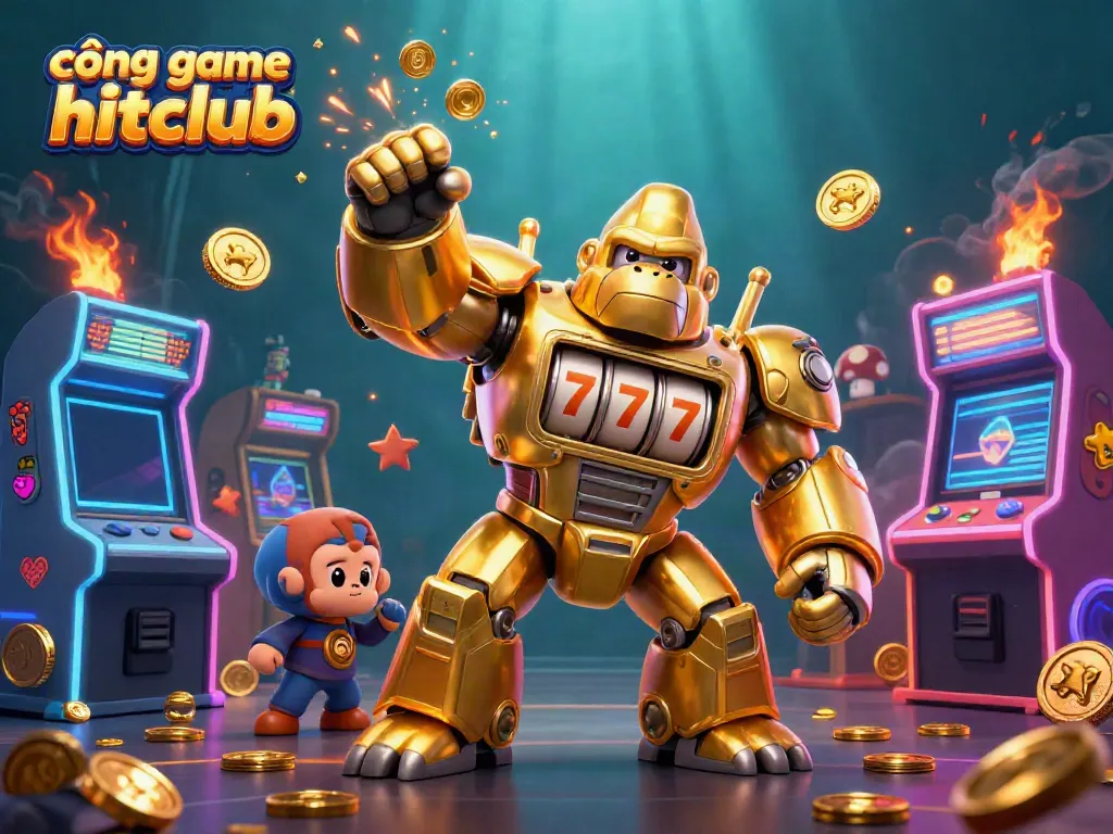Cổng game hitclub features a 3D cartoon golden gorilla mech, surrounded by arcade game machines and glowing casino elements.