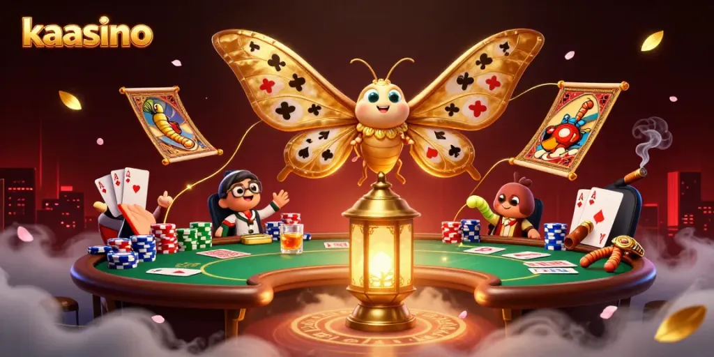 Kaasino offers a vibrant gaming experience with a moth and poker elements in a dynamic casino scene.