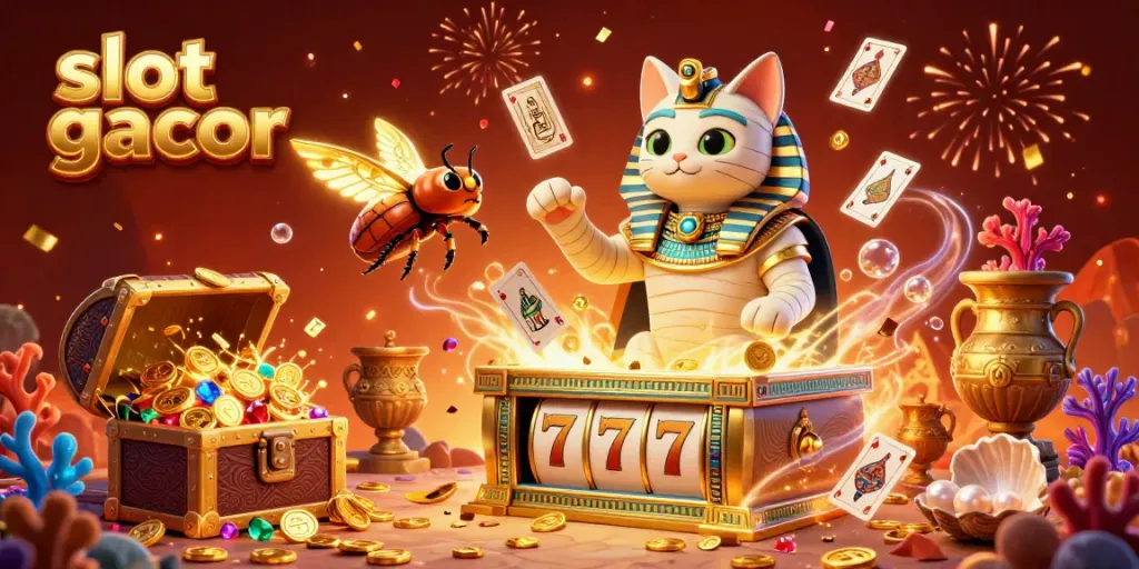 Experience winning excitement with slot gacor in a vibrant pyramid casino bursting with energy and characters.