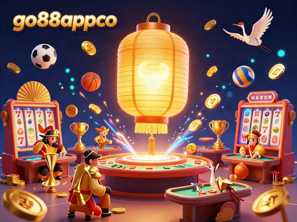 Engage with an exciting glow at go88appco, featuring a magical casino scene filled with vibrant game elements and lucky symbols.