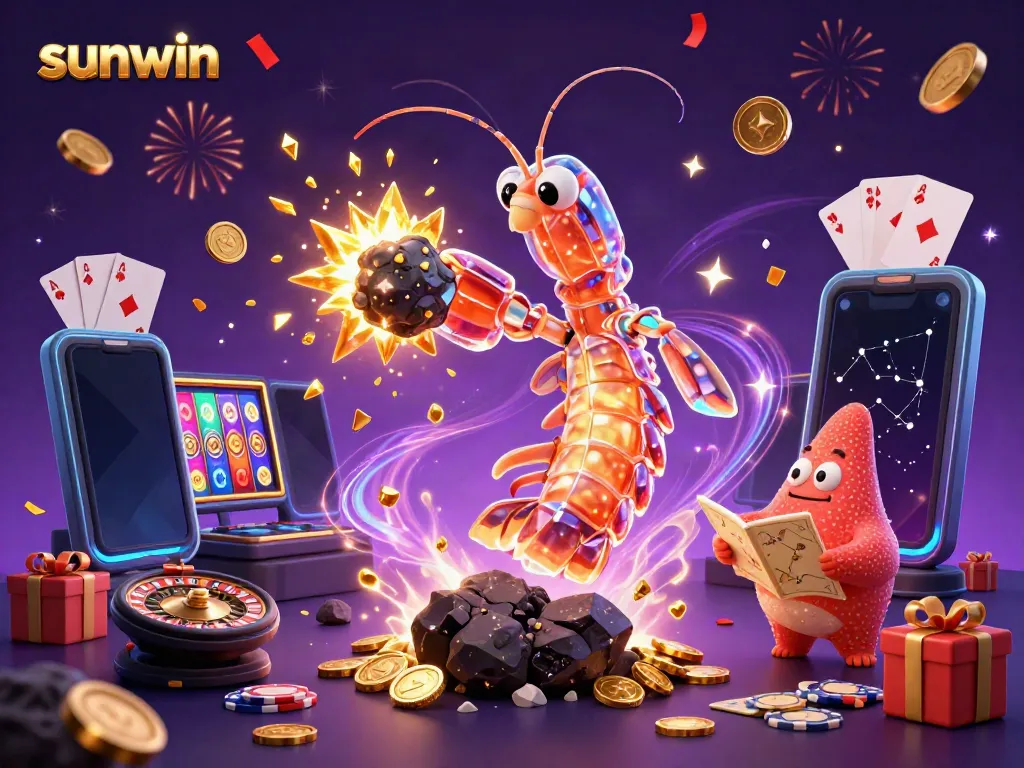 Engage in exciting gameplay with sunwin in a dynamic 3D casino scene featuring vibrant illustrations of animated characters and casino elements.