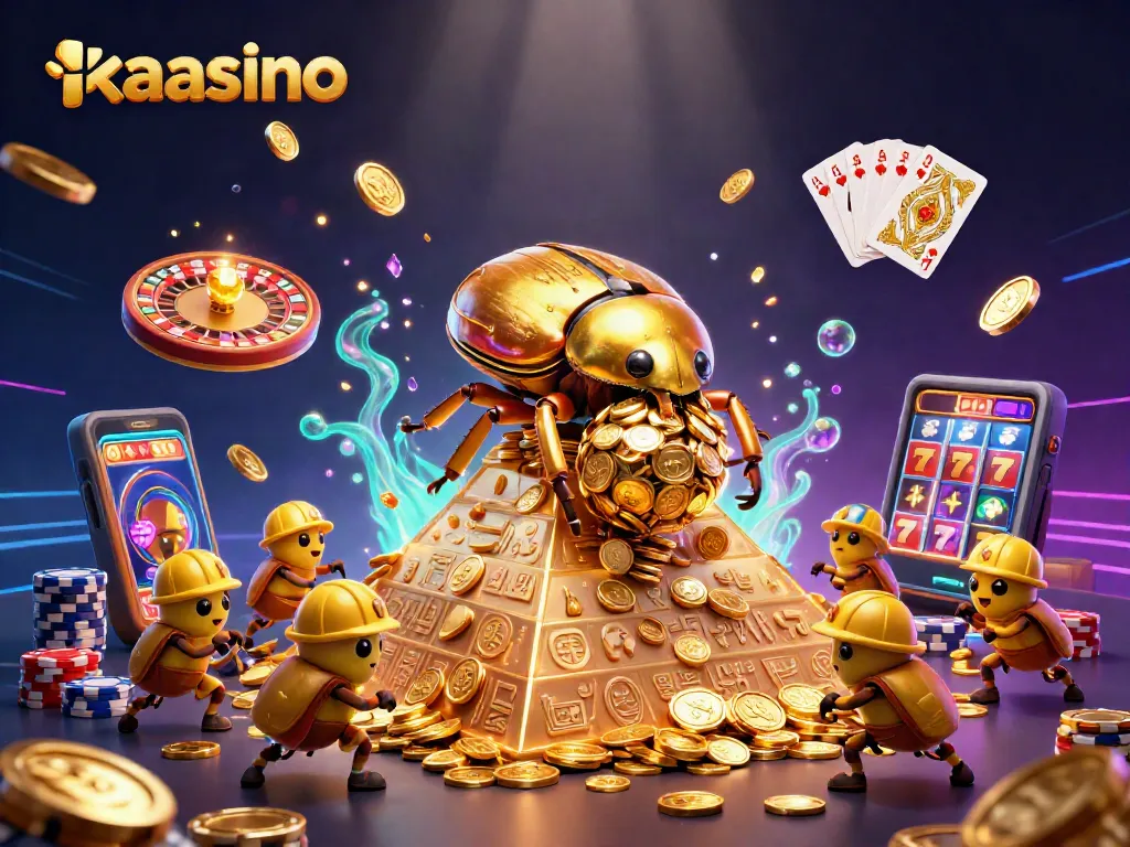 Kaasino wins with a cartoon golden beetle rolling golden coins, dynamic casino elements scatter around