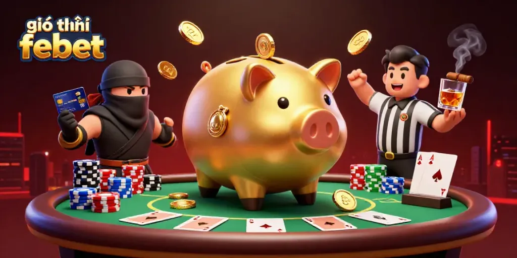 Engage in giới thiệu febet with a dynamic scene featuring a golden piggy bank sumo wrestler, a wallet-ninja, and a samurai referee amidst a lively poker setup.