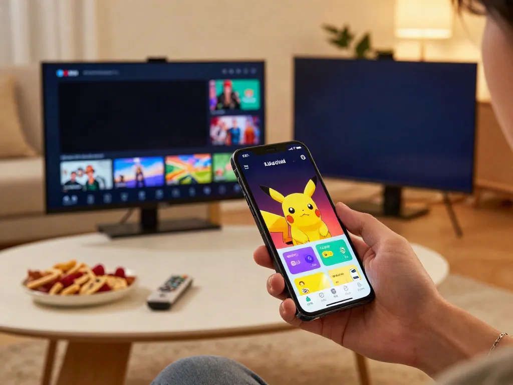 PikAShow Pikachu app displayed on an Android phone in a cozy setting.